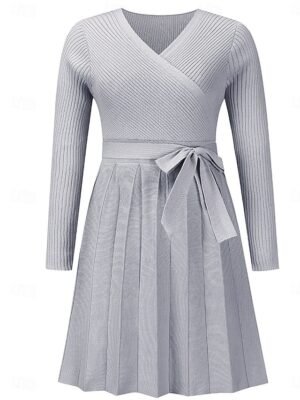 Elegant Regular Fit Plain V Neck Sleeveless Midi Sweater Dress - Image 7