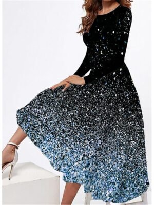 Elegant Regular Fit Polka Dot Crew Neck Long Sleeve Maxi Dress - Image 5