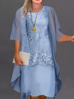 Elegant Regular Fit Pure Colour Crew Neck Half Sleeve Knee Length Dress Set - Image 1