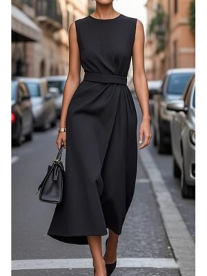 Elegant Regular Fit Pure Colour Crew Neck Sleeveless Maxi Dress - Image 2