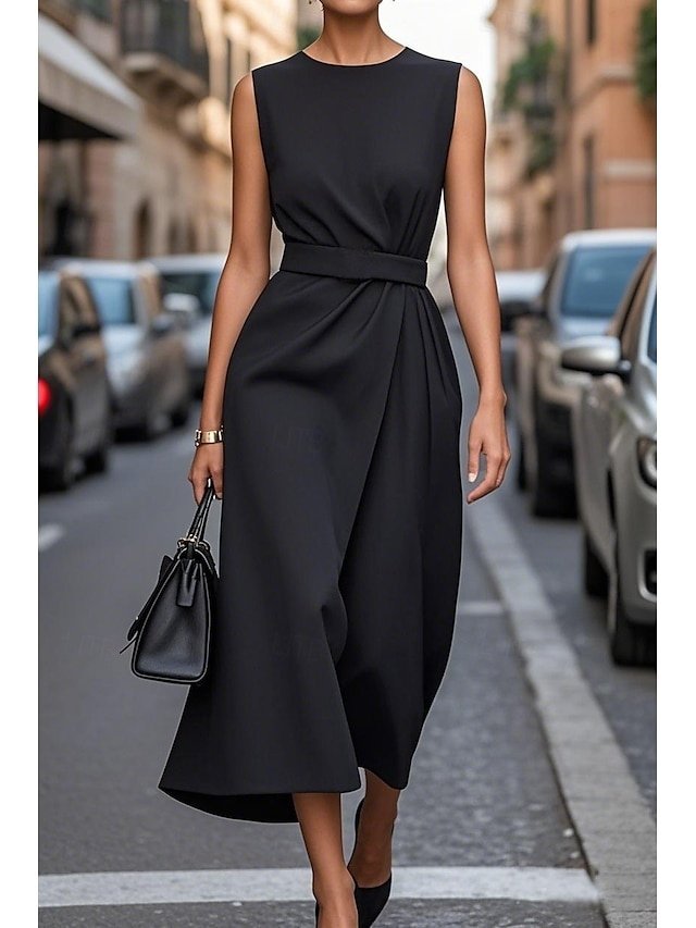 Elegant Regular Fit Pure Colour Crew Neck Sleeveless Maxi Dress - Image 2