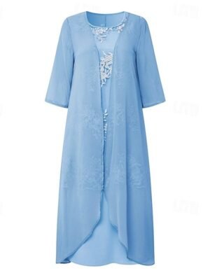 Elegant Regular Fit Pure Colour Crew Neck Half Sleeve Knee Length Dress Set - Image 3