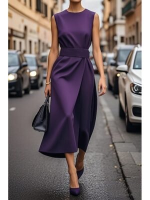 Elegant Regular Fit Pure Colour Crew Neck Sleeveless Maxi Dress - Image 4