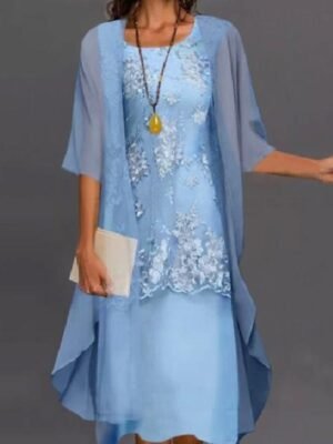 Elegant Regular Fit Pure Colour Crew Neck Half Sleeve Knee Length Dress Set - Image 5