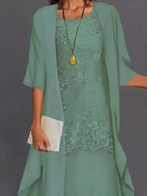 Elegant Regular Fit Pure Colour Crew Neck Half Sleeve Knee Length Dress Set - Image 6