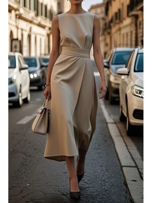 Elegant Regular Fit Pure Colour Crew Neck Sleeveless Maxi Dress - Image 7