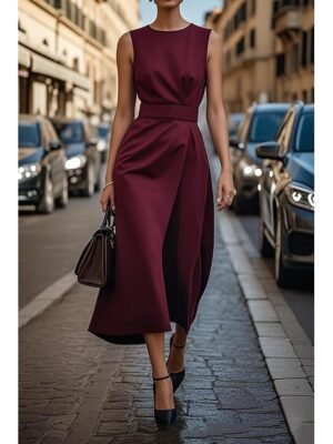 Elegant Regular Fit Pure Colour Crew Neck Sleeveless Maxi Dress - Image 8