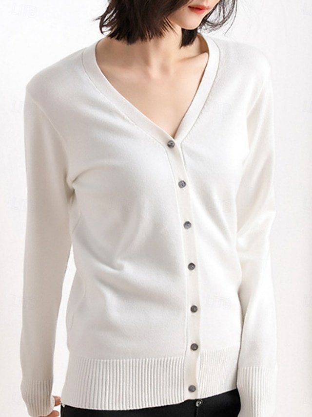 Elegant Regular Fit Pure Colour V Neck Long Sleeve Cardigan - Image 1