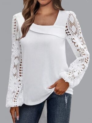 Elegant Regular Fit Solid Asymmetrical Long Sleeve Lace Patchwork Blouse - Image 1