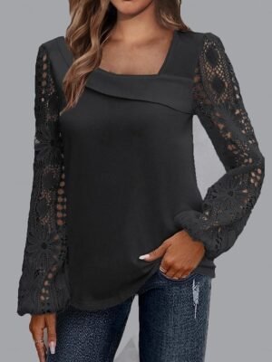 Elegant Regular Fit Solid Asymmetrical Long Sleeve Lace Patchwork Blouse - Image 11