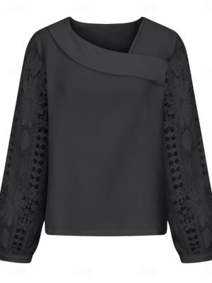 Elegant Regular Fit Solid Asymmetrical Long Sleeve Lace Patchwork Blouse - Image 13