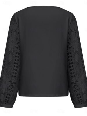 Elegant Regular Fit Solid Asymmetrical Long Sleeve Lace Patchwork Blouse - Image 14