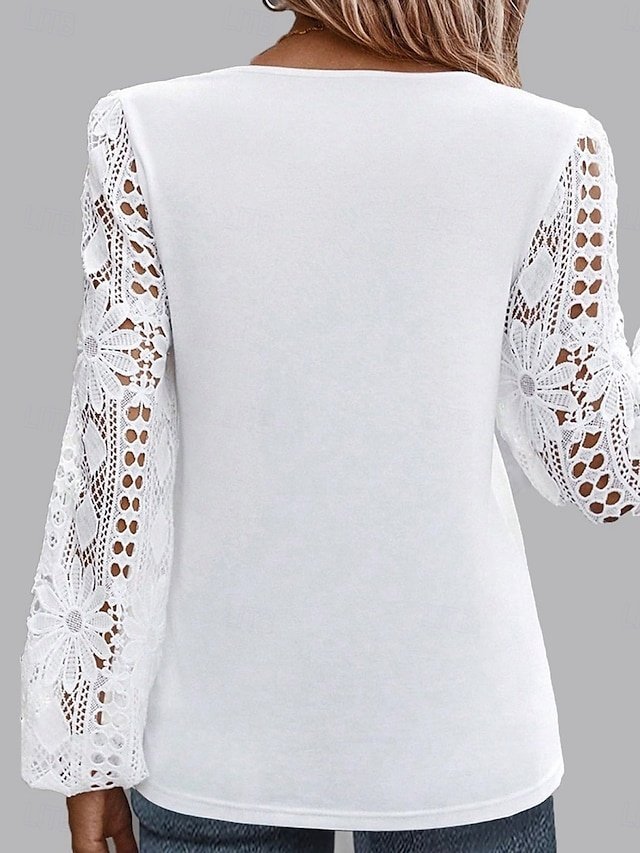 Elegant Regular Fit Solid Asymmetrical Long Sleeve Lace Patchwork Blouse - Image 2