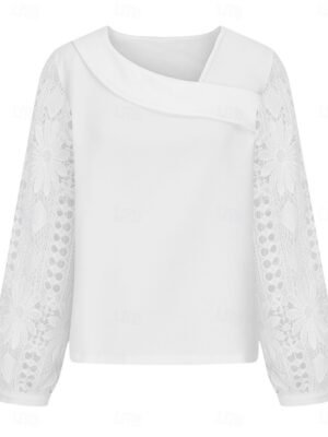 Elegant Regular Fit Solid Asymmetrical Long Sleeve Lace Patchwork Blouse - Image 3