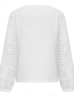 Elegant Regular Fit Solid Asymmetrical Long Sleeve Lace Patchwork Blouse - Image 4
