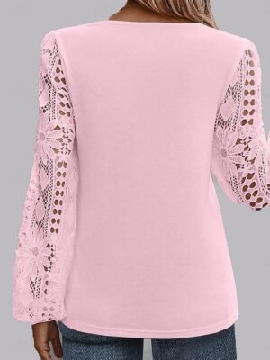 Elegant Regular Fit Solid Asymmetrical Long Sleeve Lace Patchwork Blouse - Image 7