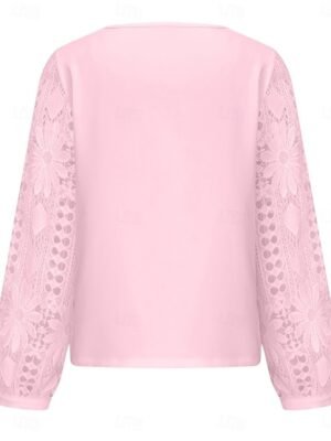 Elegant Regular Fit Solid Asymmetrical Long Sleeve Lace Patchwork Blouse - Image 9