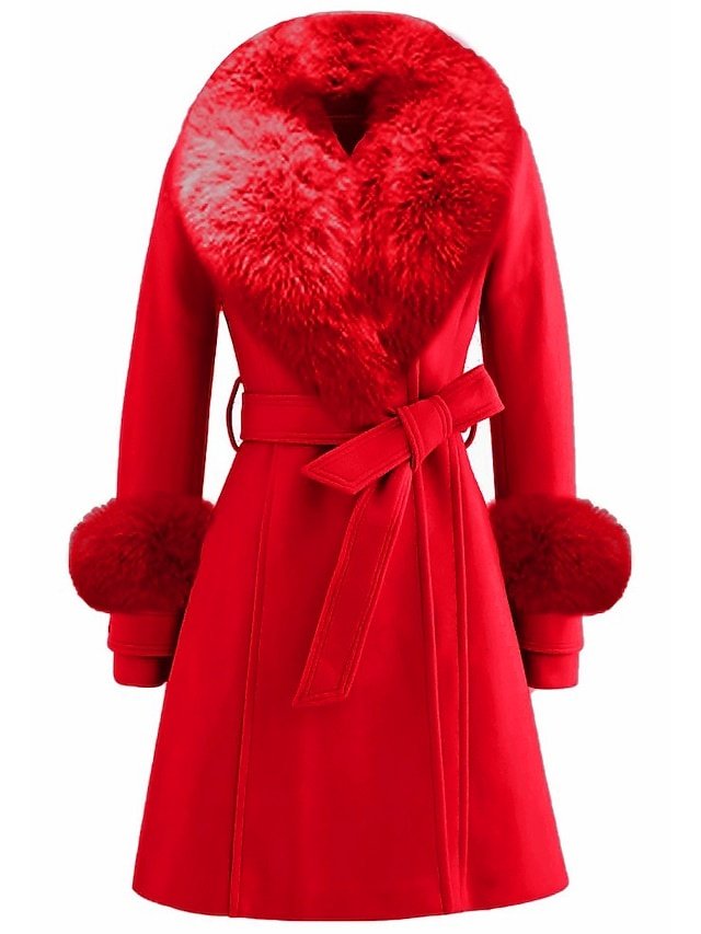 Elegant Regular Fit Solid Colour Fur Collar Long Sleeve Long Coat - Image 1