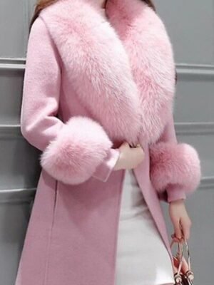 Elegant Regular Fit Solid Colour Fur Collar Long Sleeve Long Coat - Image 4