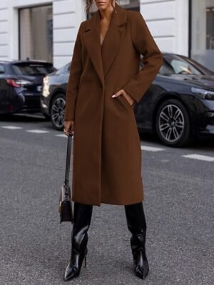 Elegant Regular Fit Solid Colour Long Lapel Coat - Image 3