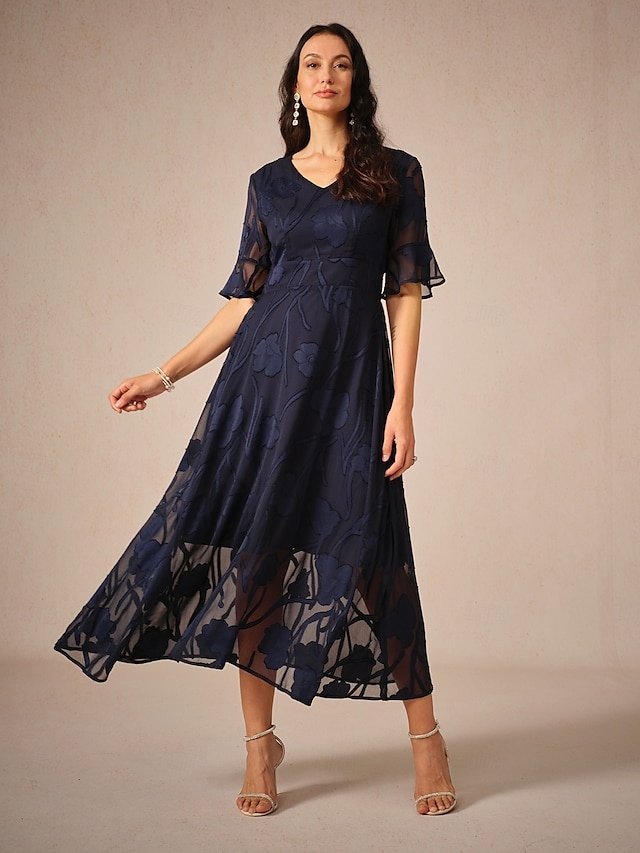 Elegant Regular Fit Solid Colour V Neck Flutter Sleeve Maxi Cocktail Dress - Image 1