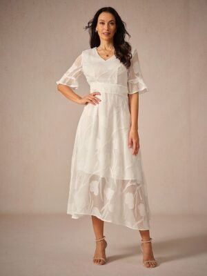Elegant Regular Fit Solid Colour V Neck Flutter Sleeve Maxi Cocktail Dress - Image 10