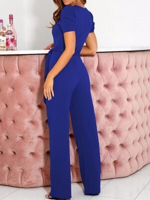 Elegant Regular Fit Solid Colour V Neck Short Sleeve Jumpsuit - Image 12