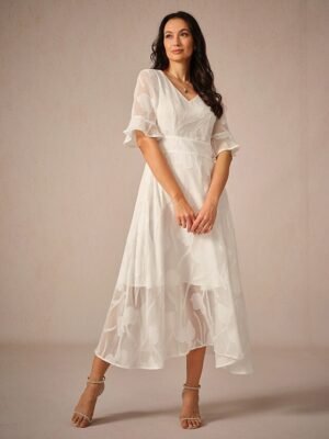 Elegant Regular Fit Solid Colour V Neck Flutter Sleeve Maxi Cocktail Dress - Image 13