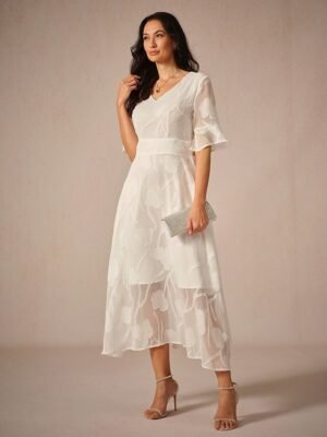 Elegant Regular Fit Solid Colour V Neck Flutter Sleeve Maxi Cocktail Dress - Image 14