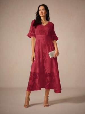 Elegant Regular Fit Solid Colour V Neck Flutter Sleeve Maxi Cocktail Dress - Image 15