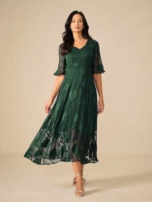 Elegant Regular Fit Solid Colour V Neck Flutter Sleeve Maxi Cocktail Dress - Image 18