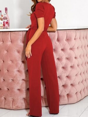 Elegant Regular Fit Solid Colour V Neck Short Sleeve Jumpsuit - Image 2