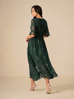 Elegant Regular Fit Solid Colour V Neck Flutter Sleeve Maxi Cocktail Dress - Image 20