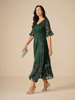 Elegant Regular Fit Solid Colour V Neck Flutter Sleeve Maxi Cocktail Dress - Image 21