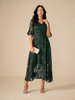 Elegant Regular Fit Solid Colour V Neck Flutter Sleeve Maxi Cocktail Dress - Image 22