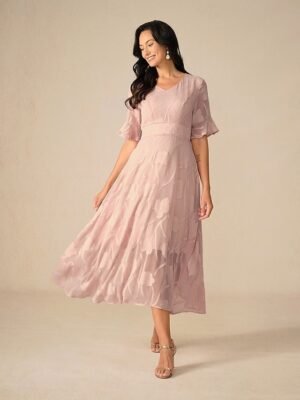 Elegant Regular Fit Solid Colour V Neck Flutter Sleeve Maxi Cocktail Dress - Image 23