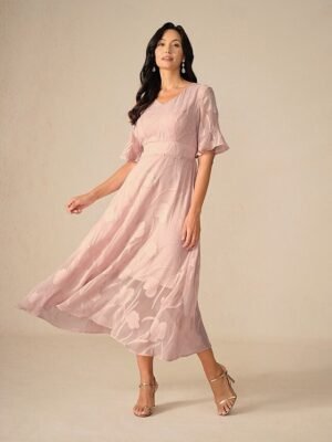 Elegant Regular Fit Solid Colour V Neck Flutter Sleeve Maxi Cocktail Dress - Image 26