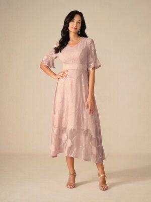 Elegant Regular Fit Solid Colour V Neck Flutter Sleeve Maxi Cocktail Dress - Image 27