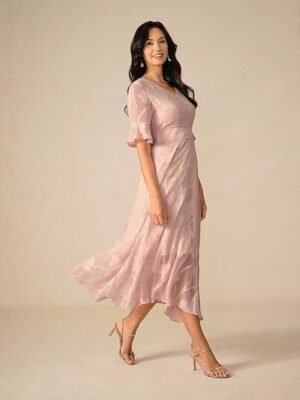 Elegant Regular Fit Solid Colour V Neck Flutter Sleeve Maxi Cocktail Dress - Image 28