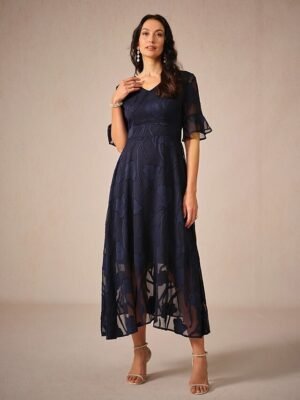 Elegant Regular Fit Solid Colour V Neck Flutter Sleeve Maxi Cocktail Dress - Image 4