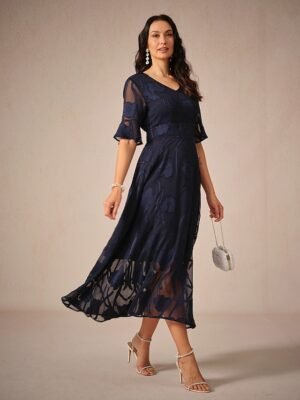 Elegant Regular Fit Solid Colour V Neck Flutter Sleeve Maxi Cocktail Dress - Image 5