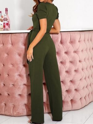 Elegant Regular Fit Solid Colour V Neck Short Sleeve Jumpsuit - Image 6
