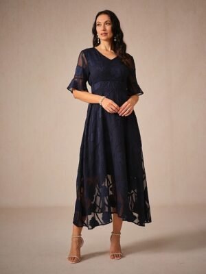 Elegant Regular Fit Solid Colour V Neck Flutter Sleeve Maxi Cocktail Dress - Image 6
