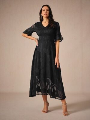 Elegant Regular Fit Solid Colour V Neck Flutter Sleeve Maxi Cocktail Dress - Image 7