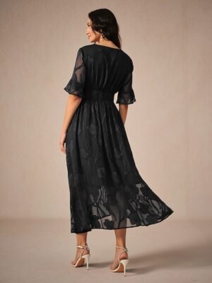 Elegant Regular Fit Solid Colour V Neck Flutter Sleeve Maxi Cocktail Dress - Image 9