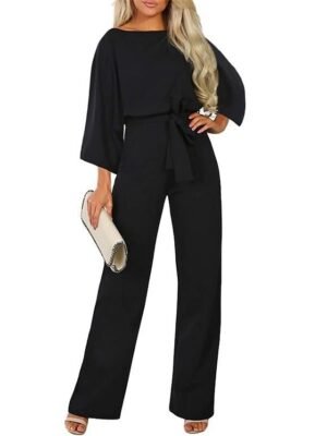 Elegant Regular Fit Solid Crew Neck 3/4 Sleeve Jumpsuit - Image 1