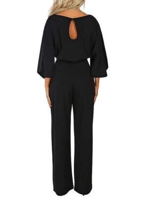 Elegant Regular Fit Solid Crew Neck 3/4 Sleeve Jumpsuit - Image 2