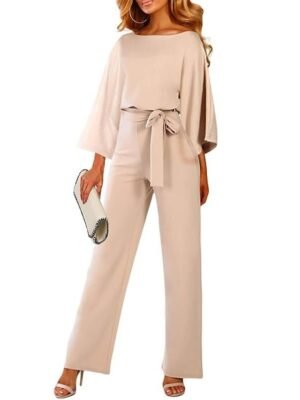 Elegant Regular Fit Solid Crew Neck 3/4 Sleeve Jumpsuit - Image 3
