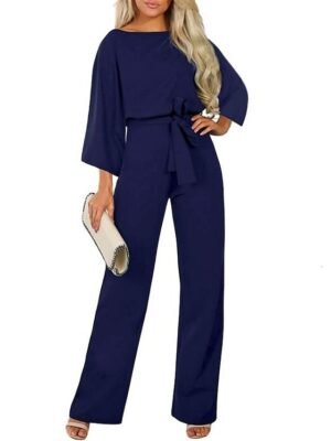 Elegant Regular Fit Solid Crew Neck 3/4 Sleeve Jumpsuit - Image 5