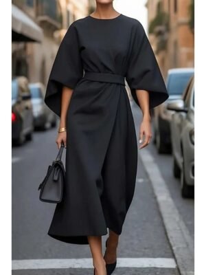 Elegant Regular Fit Solid Crew Neck Batwing 3/4 Sleeve Maxi Dress - Image 1